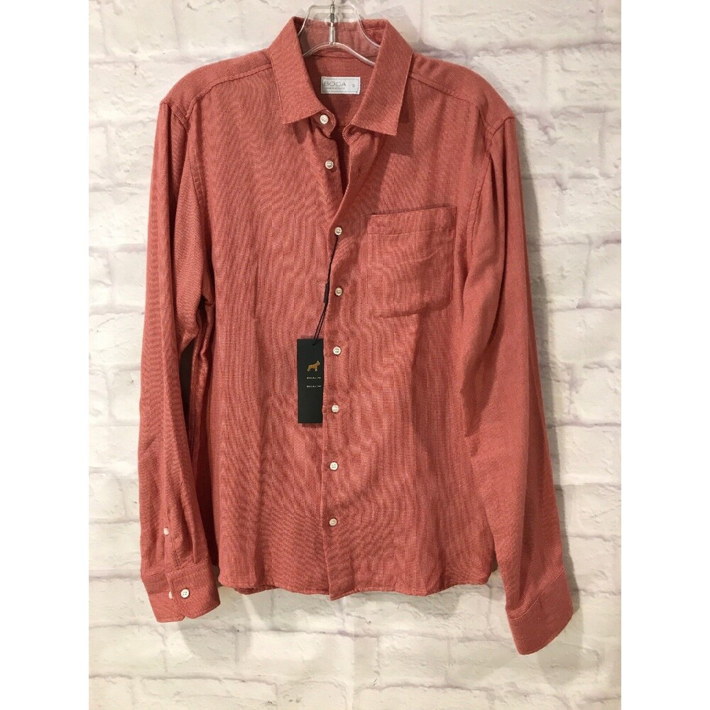New BOGA Mens Mineral Red Mini Check Button Down Collar Dress Shirt Small